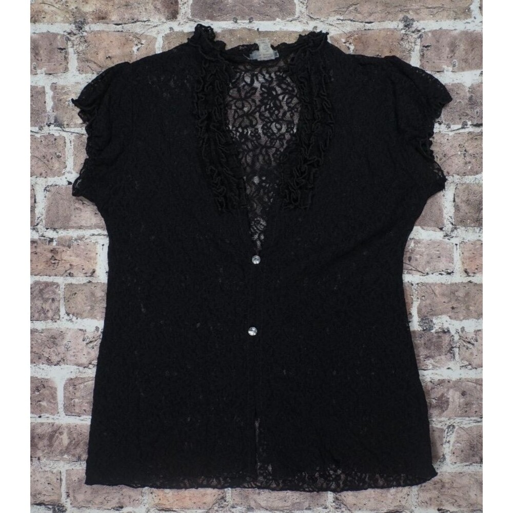 VTG Black Lace Blouse Sheer Button Up Top Whimsigoth Goth Y2K Boho Scalloped Hem